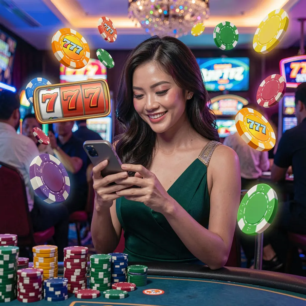 PHL777 App – A seamless and immersive mobile casino experience for players in the Philippines Stylish Filipino woman enjoying the PHL777 casino app with glowing chips and 777 slot symbols floating around her
