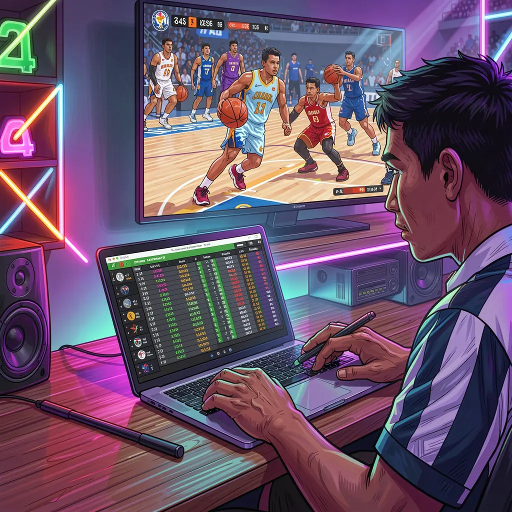 PHL777 – Experience fast and exciting sports betting for players in the Philippines Philippine sports betting enthusiast placing live basketball bets on a laptop with the game streaming on TV behind using PHL777