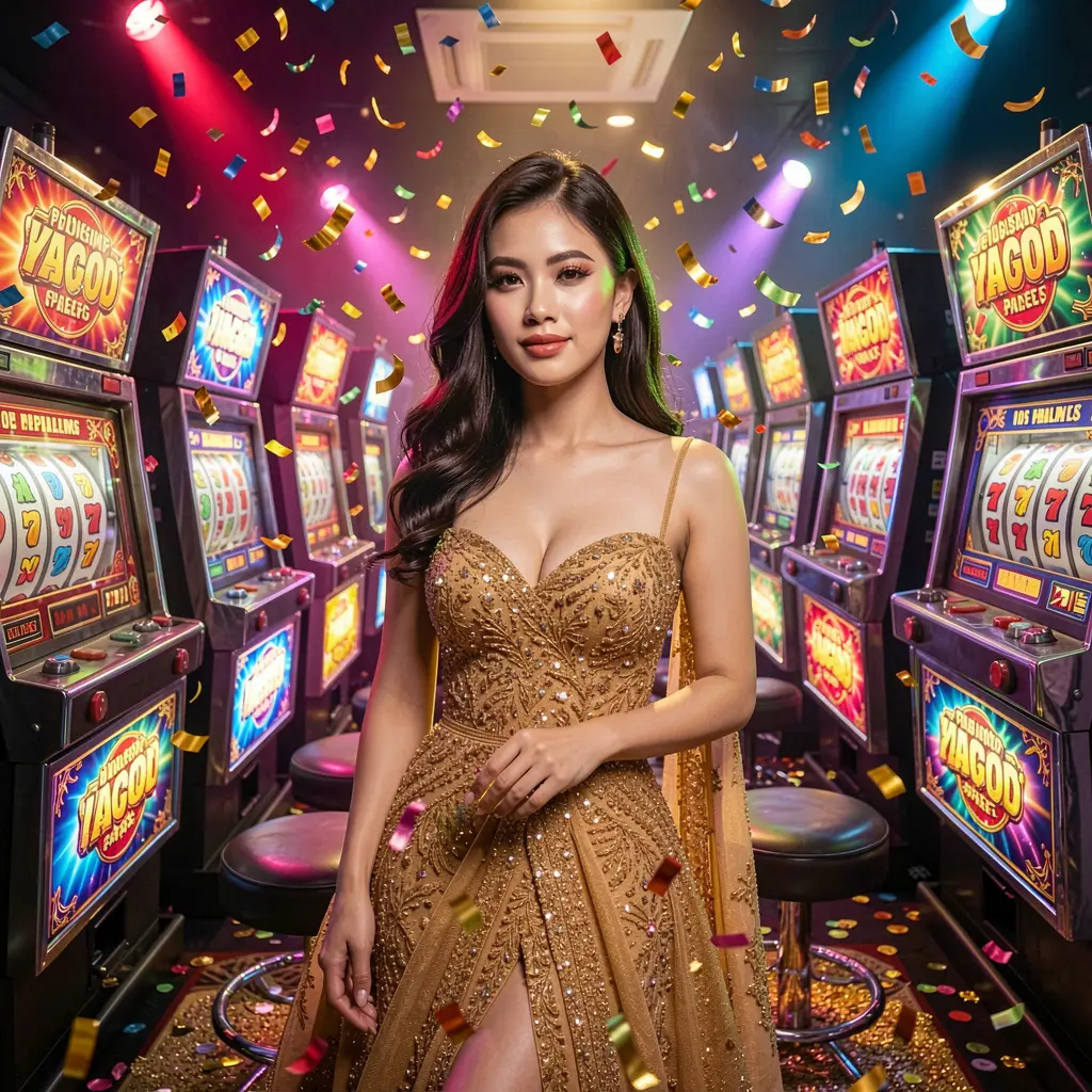PHL777 – Discover a stylish slot gaming experience made for Filipino players A glamorous woman in a sparkling gold dress posing among bright slot machines inside the immersive casino world of PHL777 for players in the Philippines